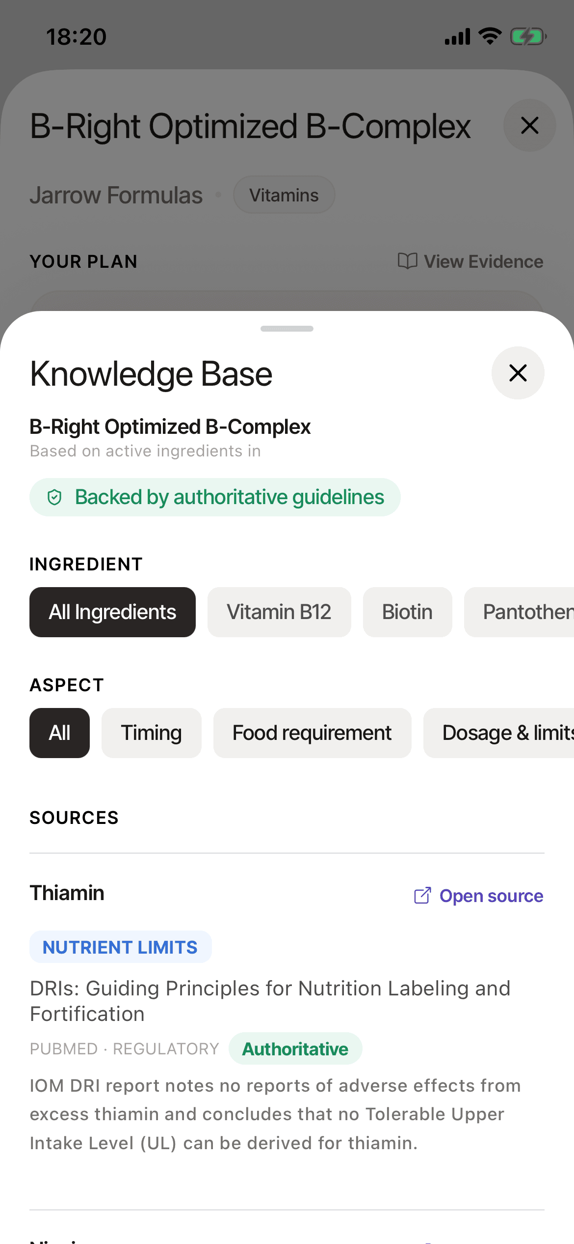 Evidence sources shown in the Dosea app